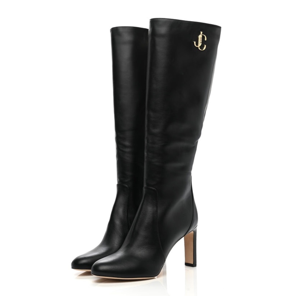Jimmy choo black leather logo Knee high boots